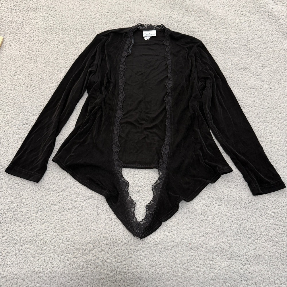 Patchington Womens Black Lace Trim Open Front Ribbed Cardigan Pointed Hem Large